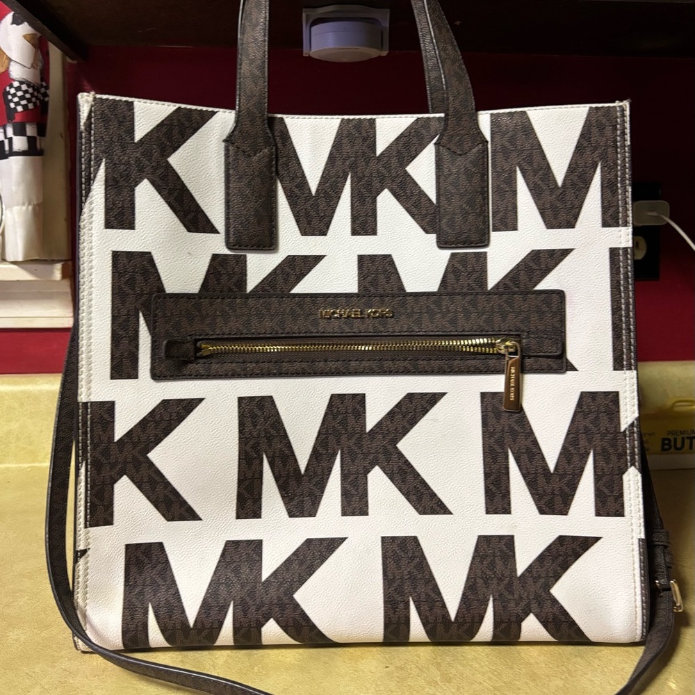 Michael Kors White and Brown MK Logo Tote